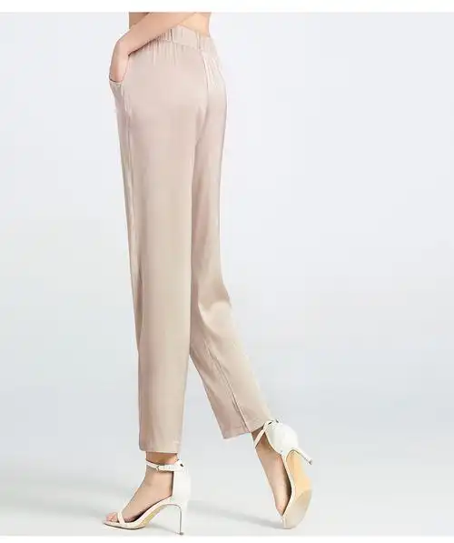 中老年桑蚕丝女裤松紧高腰妈妈夏季真丝裤子九分裤显瘦宽松长裤女