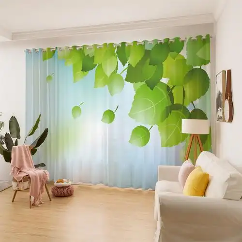 定制绿色清新窗帘布纱帘北欧现代简约植物花卉绿叶定制窗帘