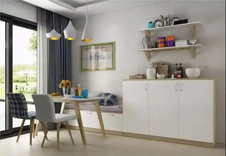 回型卡座的设计避免了墙体过于空旷,格栅吊柜更能摆放盆栽或饰品,客人