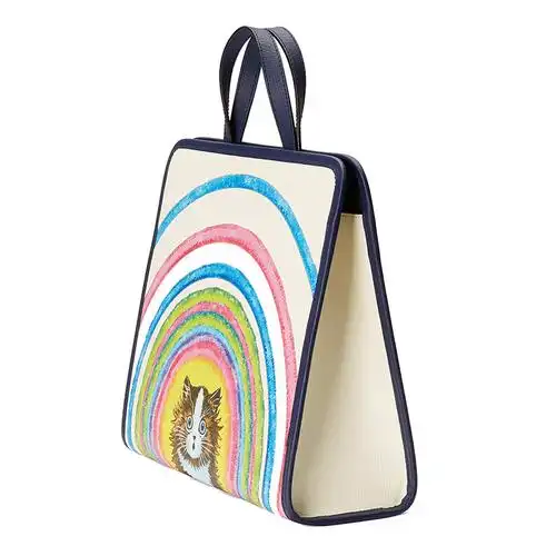 gucci古驰2021秋冬新款儿童款白色gg帆布深蓝色饰边猫咪彩虹印花手提