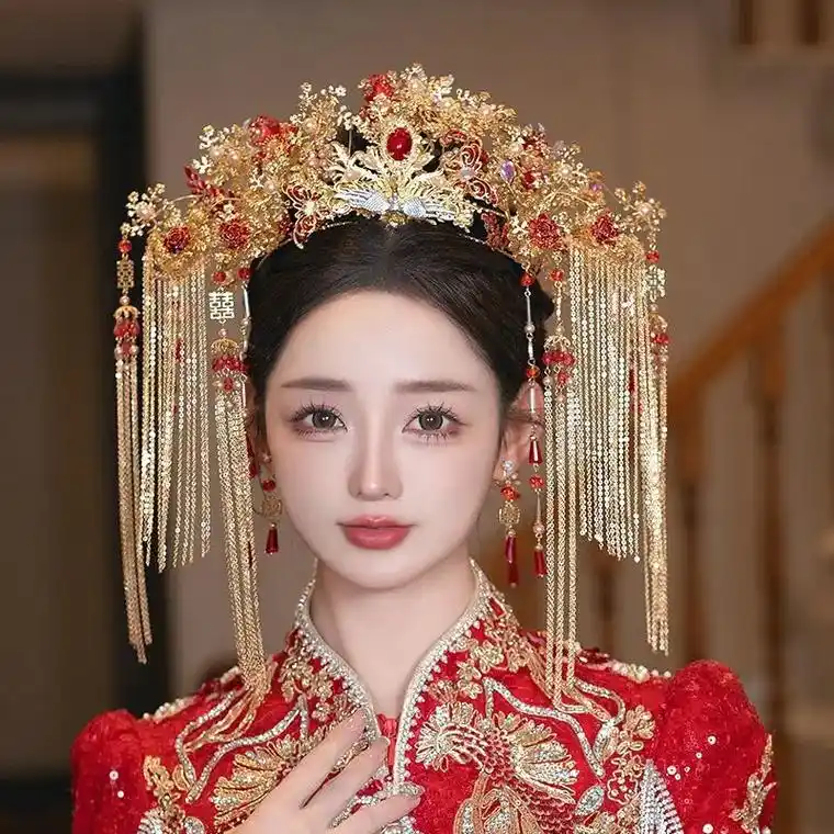 新娘古典传统古装发饰红金色中式秀禾头饰婚礼凤冠汉服发饰 - 抖音