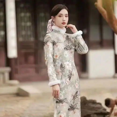 新中式冬季旗袍加绒加厚长款长袖改良旗袍中国风高档日常中长款 - 17