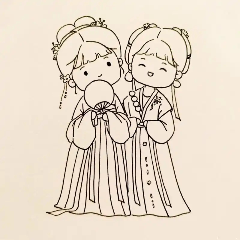 古风插画|简笔画|92两只汉服少女 女孩子真是太美好啦