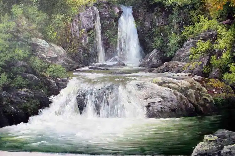 朝鲜名家 李哲虎 《瀑布》一级画家丙烯画