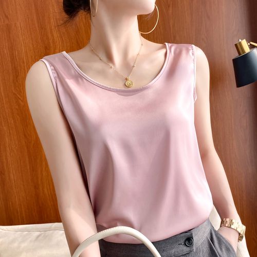 21新款真丝吊带背心女内搭西装白黑色打底缎面桑蚕丝上衣夏季圆领