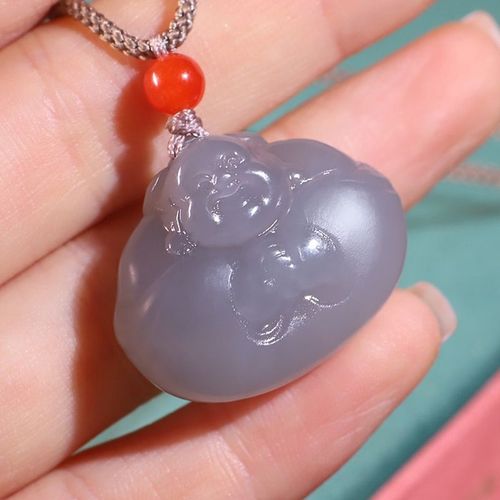 天然和田玉烟紫色佛公吊坠女款玉石笑佛玉坠米勒佛一团和气抱抱佛