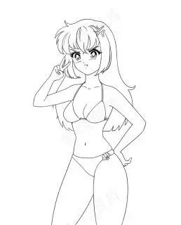 愤怒的动漫女孩穿着泳装,白色背景上隔离着和平标志