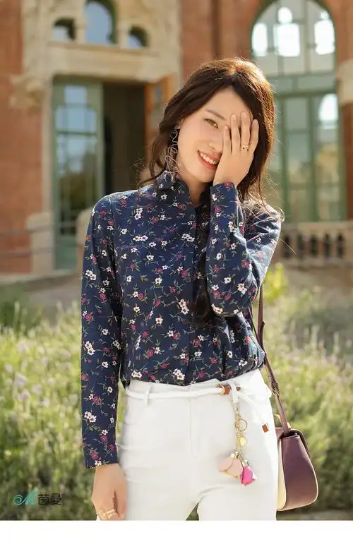 茵曼新款翻领长袖小碎花印花衬衣衬衫女【1881011029】 宝蓝色 m