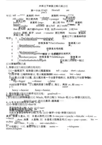 2017年pep六年级英语下册知识点总结