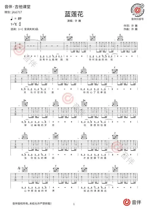 许巍蓝莲花吉他谱c调简单版