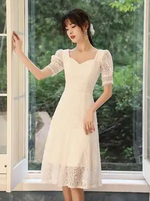 年会晚礼服裙女2020新款宴会气质平时可穿白色蕾丝连衣裙法式轻奢