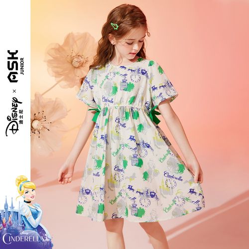 【迪士尼灰姑娘】女童裙子2024夏薄款儿童卡通满印公主裙