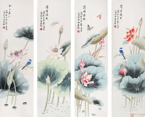 北京美协凌雪四条屏花鸟画《清香溢远》荷花图 - 荷花图 - 99字画网