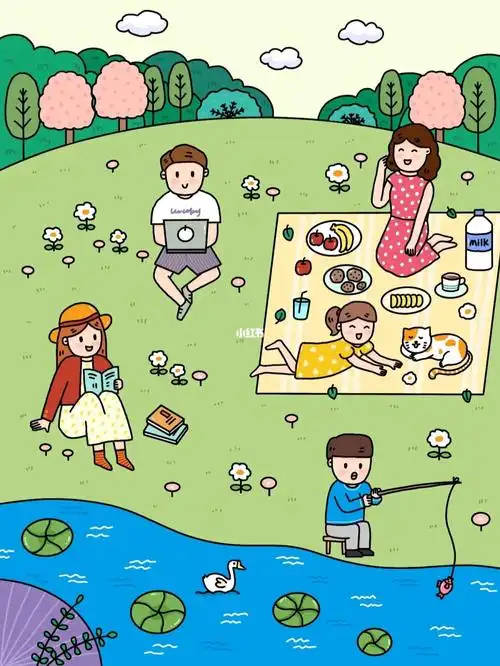 去草坪野餐009399～在蓝天白云下,看书98,办公91～#简笔画