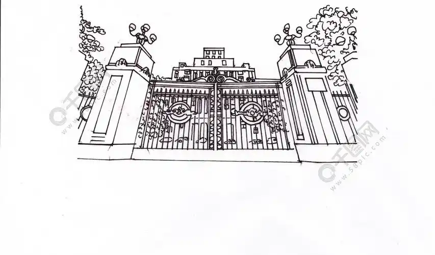 手绘大门仰视建筑素材黑白线条