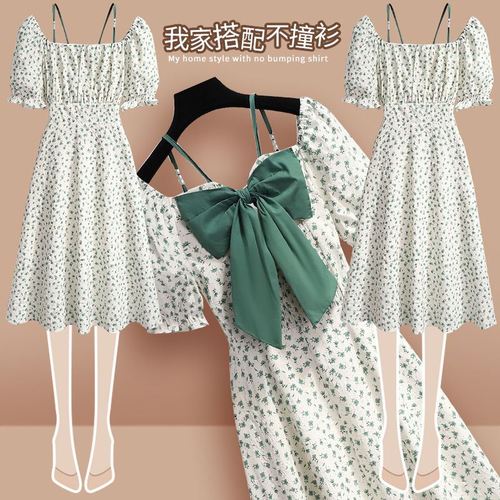 后背蝴蝶结一字肩吊带碎花连衣裙女夏2022新款法式仙女泡泡袖裙子