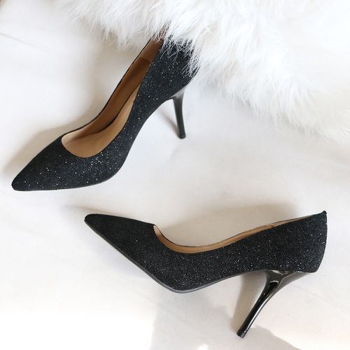 欧美经典基础秋款ol通勤社交女鞋黑色粒面头层牛皮尖头细跟高跟鞋