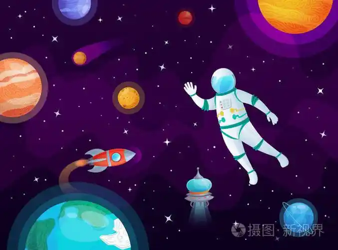 宇航员在太空中宇航员航天器火箭在开放空间宇宙行星和行星动画片向量