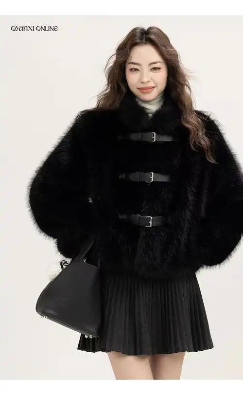 高级感翻领环保黑色皮草外套女冬季宽松保暖毛茸茸皮毛一体短开衫
