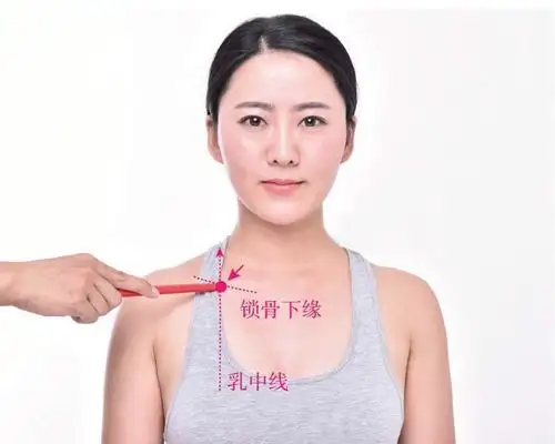 乳中线与锁骨下缘相交的凹陷(锁骨下窝)处,按压有酸胀感即为此穴.