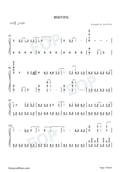 beautiful-黑色五叶草ed双手简谱预览1