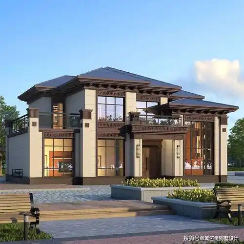 层新中式别墅设计效果图四间两层网红新款复式户型图_外观_施工_水电