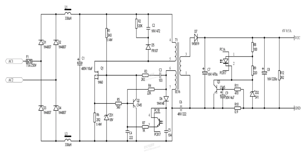 手机充电器常用的几款电路原理图