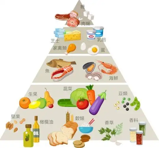 (地中海饮食金字塔结构,越往上应吃越少)其次,适度的体力活动与脑力