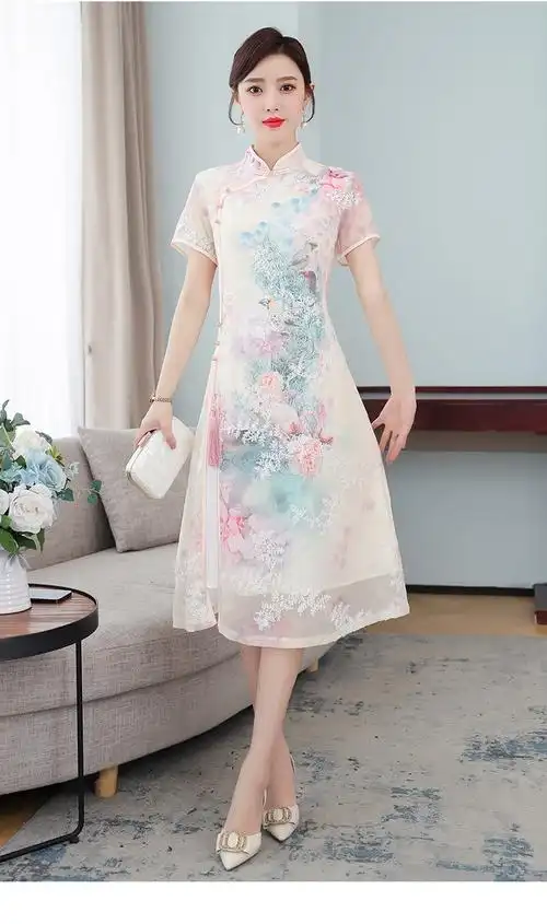 妃言旗袍女2021新款中国风改良旗袍连衣裙夏装高端印花时尚修身复古