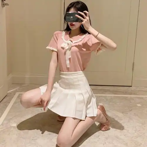 网红直播衣服女主播服装上镜清纯甜美可爱蝴蝶结上衣t恤jk制服裙