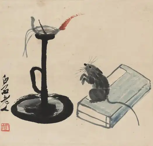 齐白石名画:3只老鼠偷油灯,表情充满趣味性,价值超过1个亿