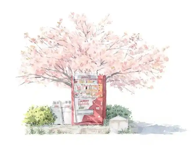 樱花树下的贩卖机手绘水彩