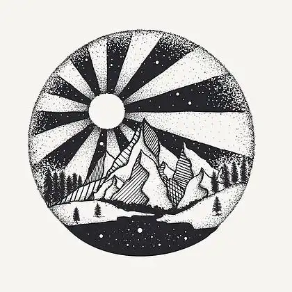 手绘点工作的满月以上 monuntains 和河为设计元素.矢量图