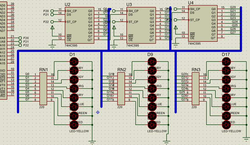 51单片机3片74hc595联级流水灯proteus仿真