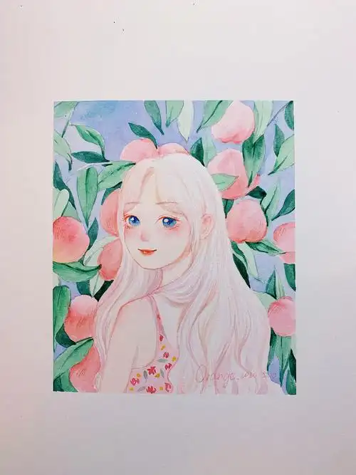 水彩桃子女孩|纯艺术|绘画|橙子哇 - 原创作品 - 站酷 (zcool)