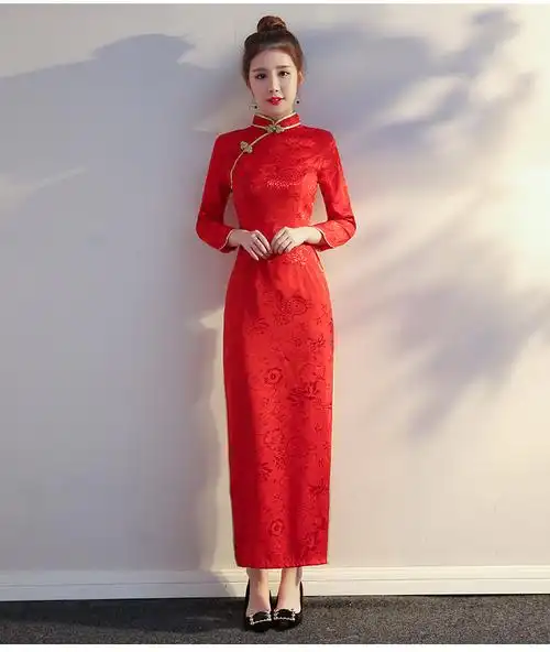 礼仪服装女迎宾小姐服秋冬季长袖裙红色长款酒店剪彩旗袍敬酒礼服