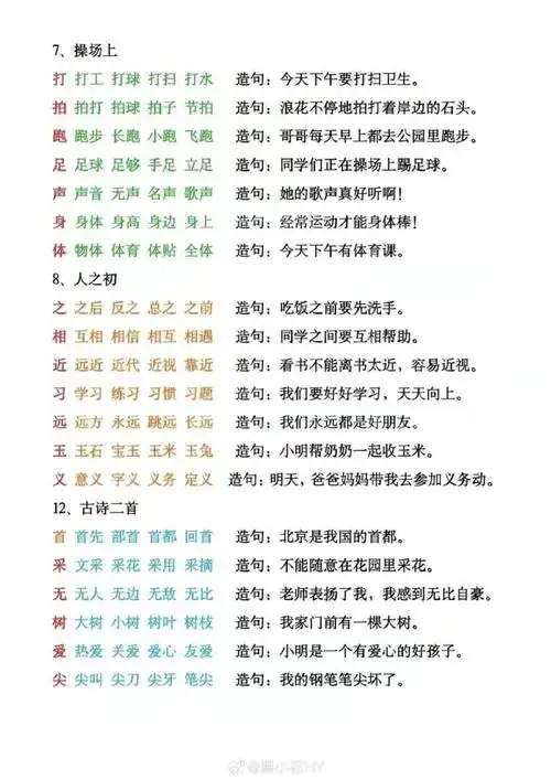 学习资源分享#|#一年级语文下册#    『一年级下册 生字组词造句