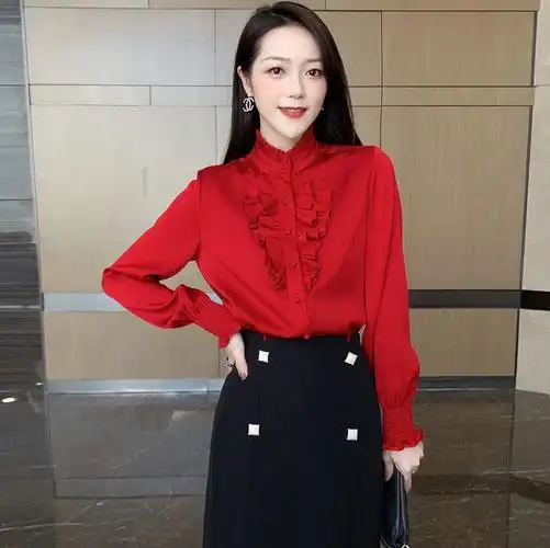 高档真丝衬衫女春季装气质优雅红色本命年桑蚕丝衬衣欧货洋气上衣