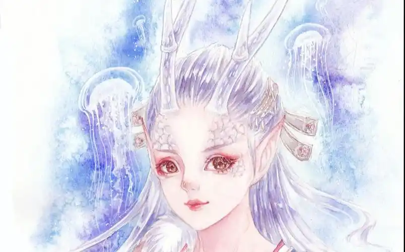 【水彩】大花手绘—透明的小龙女