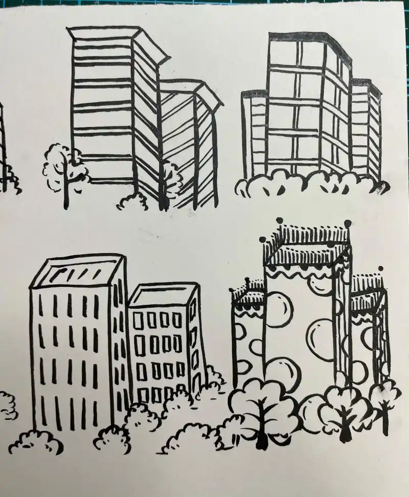 高楼大厦简笔画 仰视的楼角落呈"个"字形,俯视的楼角呈"y"字形.