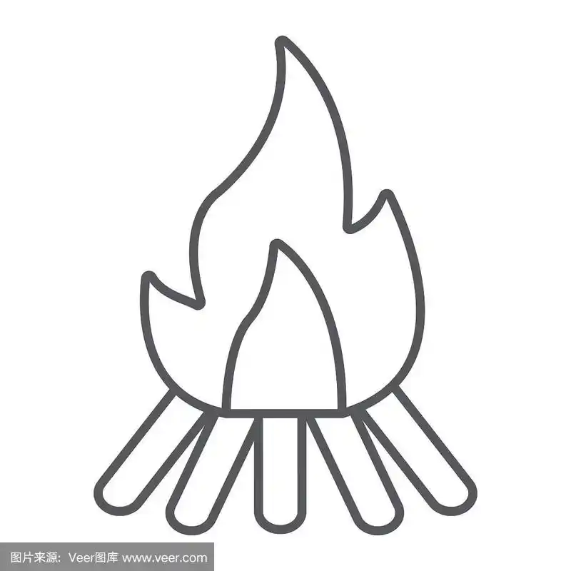 篝火细线图标,火和燃烧,篝火标志,矢量图形,白色背景上的线性模式.