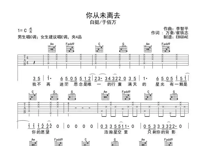 白挺/于佰万《你从未离去》吉他谱 - c调弹唱六线谱第1张