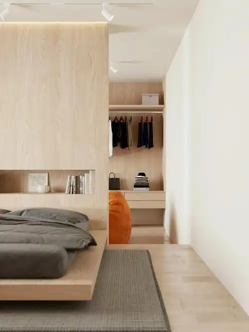 又学到了卧室床头不靠墙背后藏个衣帽间