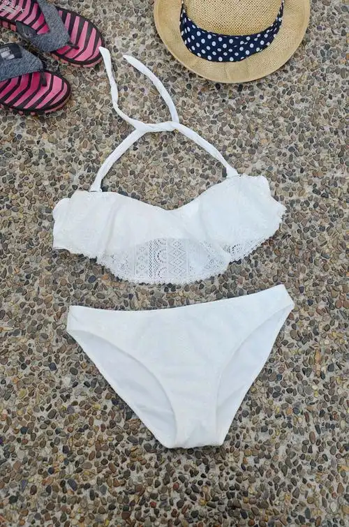 欧美订单清纯百合仙子白色简约蕾丝薄杯泳衣比基尼