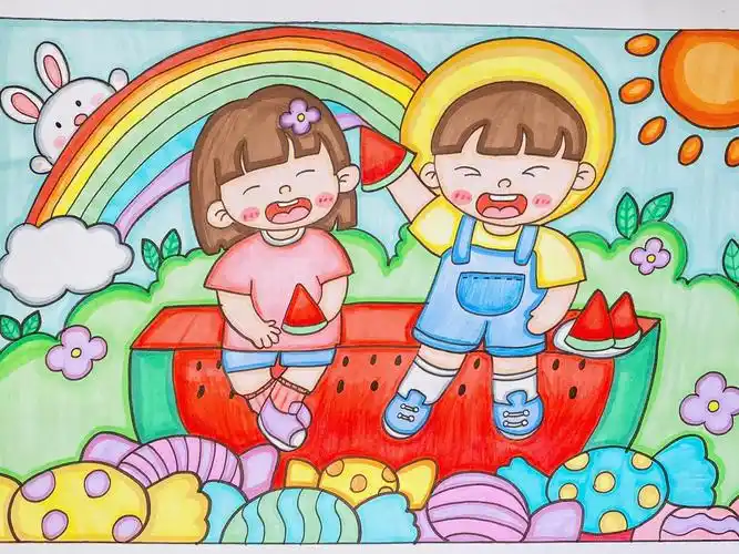 00儿童画夏天吃西瓜