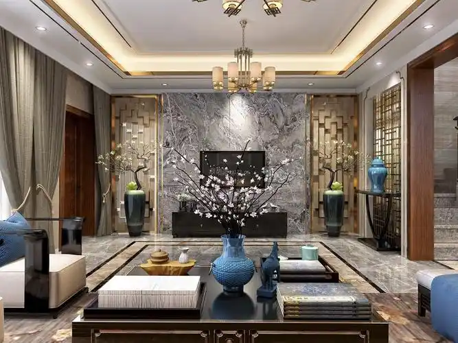 380平米新中式风格别墅客厅电视背景墙设计效果图