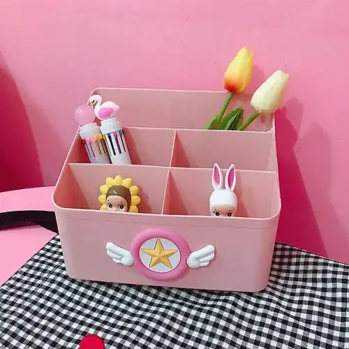 粉色少女心桌面收纳盒化妆品整理盒小樱翅膀星星储物盒笔筒收纳盒