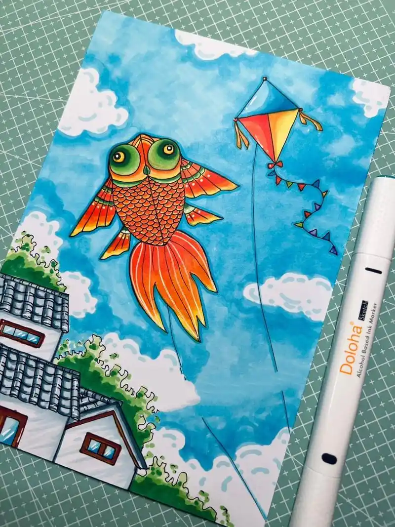 马克笔儿童画-春天主题画-放风筝