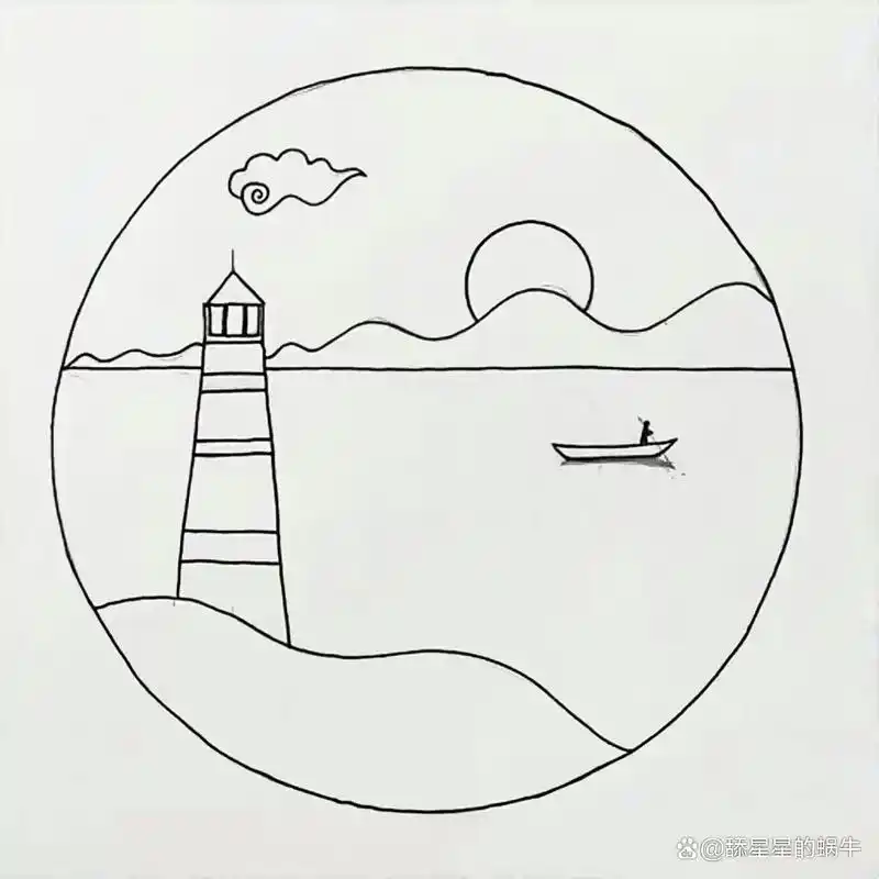 原创黑白线条画《海边夕阳》