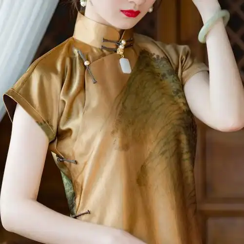 秋江旗袍短袖连肩开襟全开立领香云香月真丝旗袍